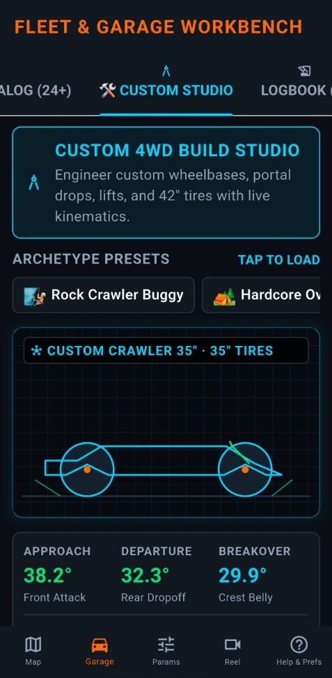 Custom Rig Build Studio with suspension lift, tire size, and bumper geometry