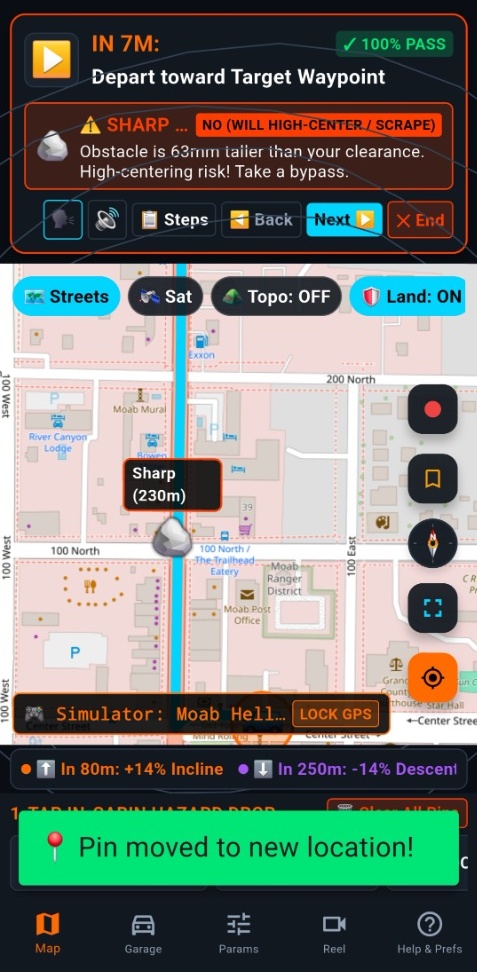 Live Obstacle Clearance HUD with forward radar clearance calculations